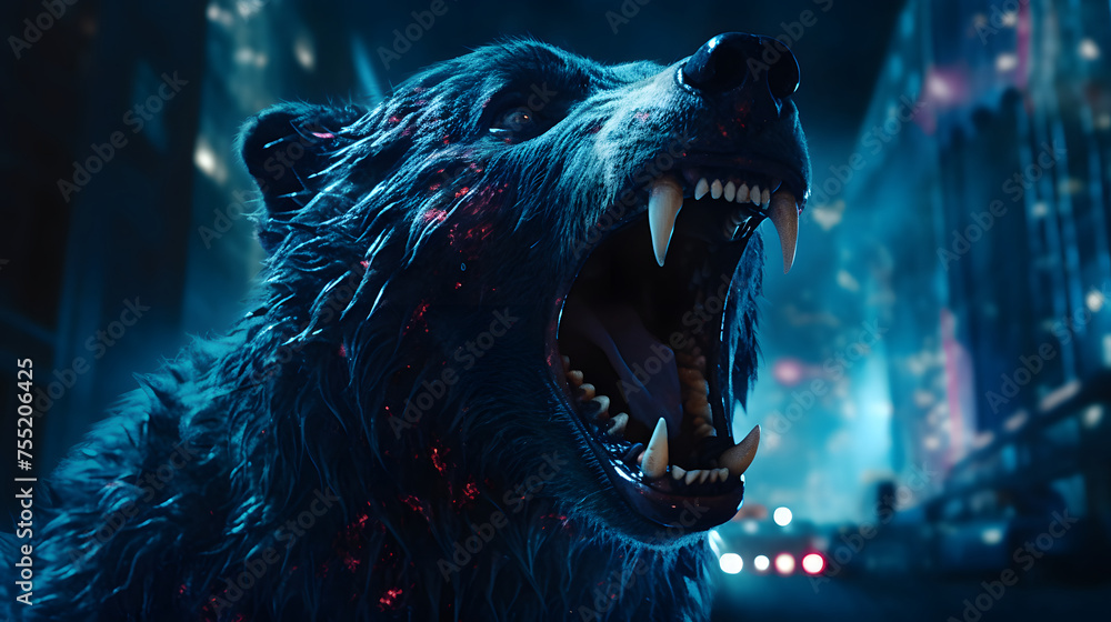 a video showing a bear with it's mouth open, in the style of neon realism, fantastical street, dark blue and white, mário eloy, pegi nicol macleod, lively street scenes, stark honesty  - obrazy, fototapety, plakaty 