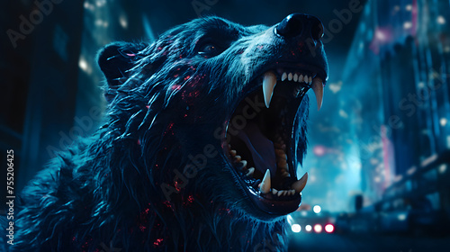 a video showing a bear with it's mouth open, in the style of neon realism, fantastical street, dark blue and white, mário eloy, pegi nicol macleod, lively street scenes, stark honesty  photo