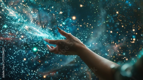  In a conceptual representation of digital transformation for the next generation technology era, a woman's hand is depicted reaching out to touch the Metaverse universe. 