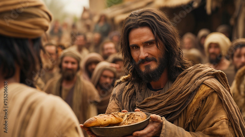 Jesus Christ gives bread to poor people  kindness and selflessness  central figure in Christianity  faith hands food eat pray God catholicism biblical love man spiritual good.