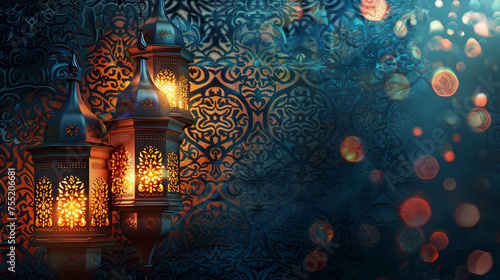 Glowing lanterns on arabic pattern background for Ramadan Kareem celebration Eid Mubarak Eid al Fitr and Eid al Adha Happy eid illustration, decoration greeting banner with copy space, festival poster
