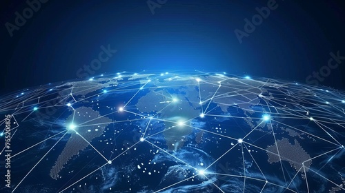 The image depicts communication technology for internet business, featuring a global world network and telecommunication infrastructure on Earth. It also incorporates elements of cryptocurrency