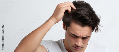 A side view of a young man holding his hair in his hands, displaying signs of distress. He appears to be experiencing a headache and is touching his forehead. The mans clean hair suggests proper
