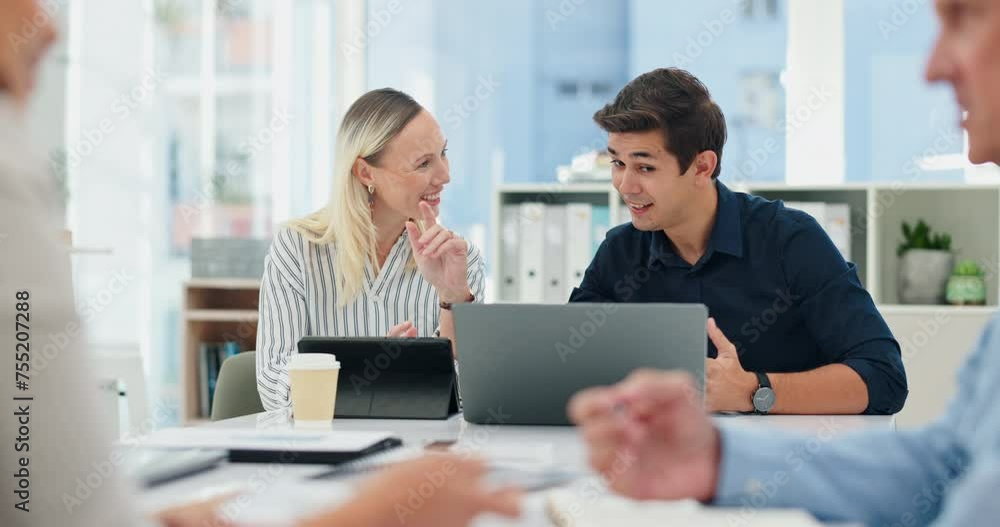Laptop, teamwork or business people in meeting, discussion, conversation in workplace for planning. Solution, talking or group of employees in office for feedback report or digital project on tablet Laptop, teamwork or business people in meeting, discussion, conversation in workplace for planning. Solution, talking or group of employees in office for feedback report or digital project on tablet