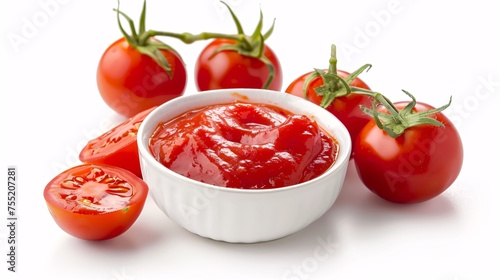 a bowl of ketchup next to tomatoes