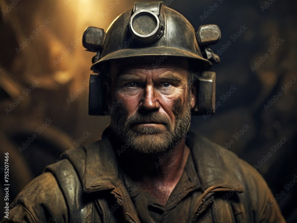 A male European miner in a construction helmet. Portrait of a worker working underground. Hard physical labor. Mining of minerals , coal , minerals , salt and precious stones. Geological work.