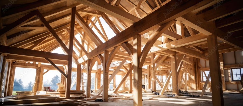 The image shows the inside of a building under construction, with wooden beams forming the frame of a new house. Work is in progress, with tools, materials, and workers visible in the unfinished space