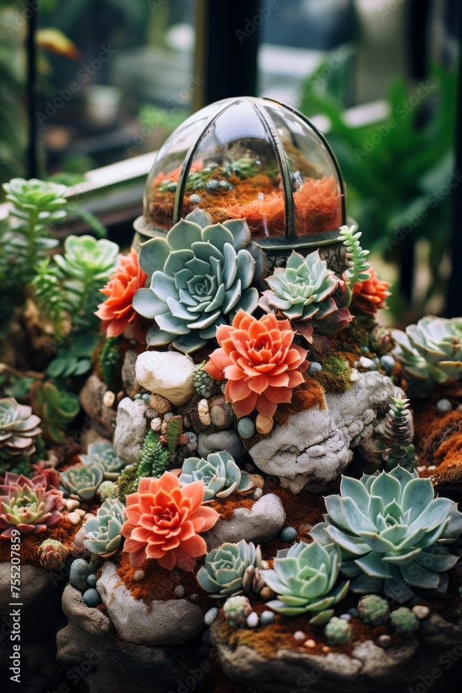 A cluster of various succulent plants and rocks are carefully arranged in a garden setting, creating a visually appealing and harmonious display of textures and colors A cluster of various succulent plants and rocks are carefully arranged in a garden setting, creating a visually appealing and harmonious display of textures and colors