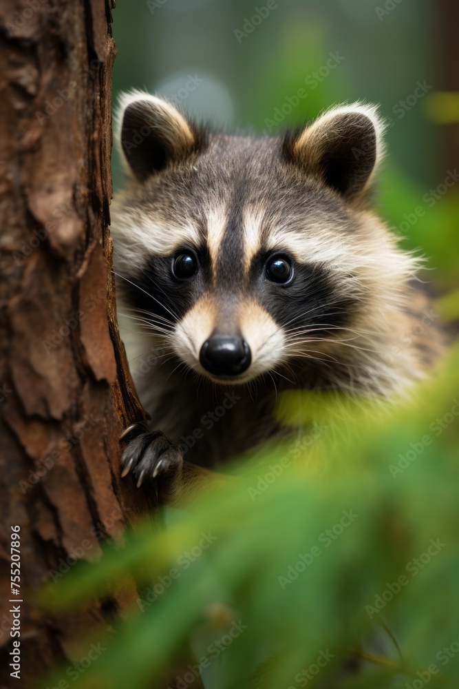A raccoon, with its distinctive mask-like markings and bushy tail, peeks out from behind a large tree trunk. Its eyes are alert and curious, surveying the surroundings cautiously
