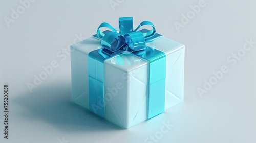Gift box icon, transparent material, blue and white, frosted glass. 3d rendering