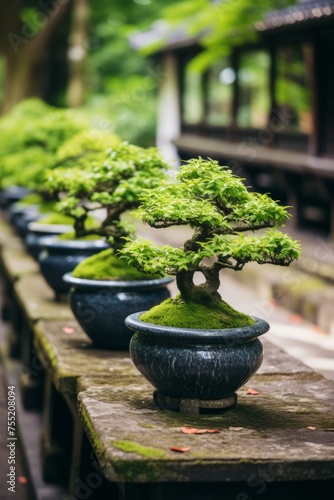 A row of bonsai trees neatly arranged on top of a wooden table in a garden setting. The miniature trees are carefully pruned and displayed for viewing