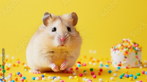 Happy birthday background with hamster, holidays background with hamster and nut
