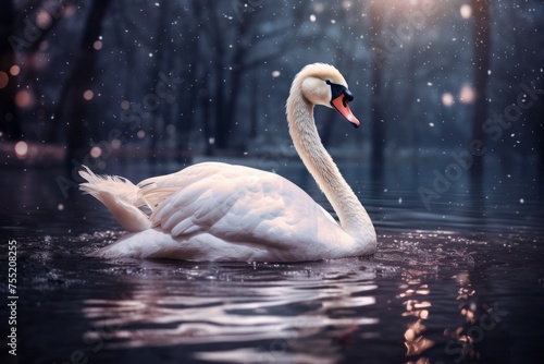 A white swan gracefully floats atop a calm lake, showcasing its elegant beauty against the serene backdrop of the water