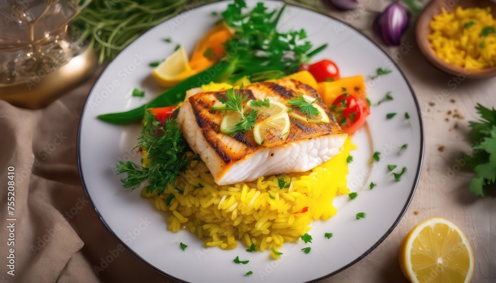 Grilled fish fillet on saffron rice with vegetables Grilled fish fillet on saffron rice with vegetables