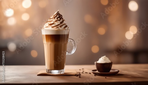 Gourmet whipped cream topped coffee on warm background