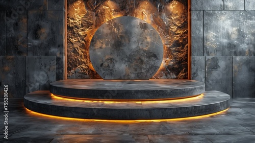 A podium anchors the room, merging art and symmetry