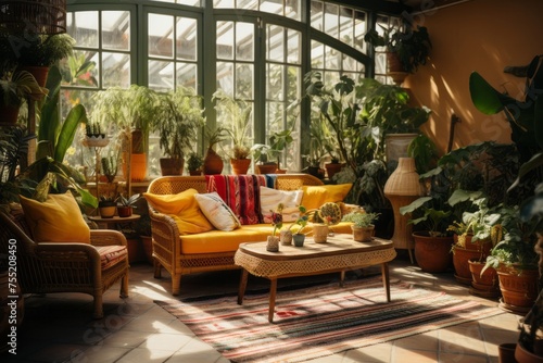 Retro bohemian living space with a global eclectic vibe  featuring vintage textiles  rattan furniture  and an array of potted plants for a laid-back feel
