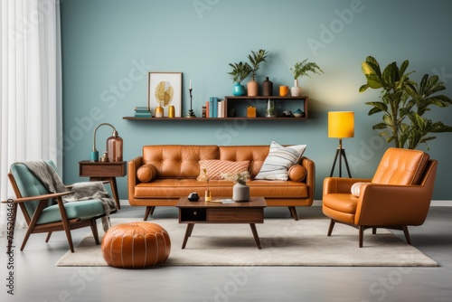 A living room filled with a variety of mid-century modern furniture pieces, including sofas, coffee tables, and chairs. A potted plant sits in one corner, adding a touch of greenery to the design