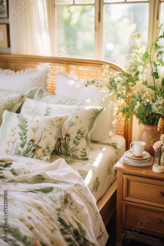 Vintage botanical bedroom with floral wallpaper, botanical prints, and natural wood furniture for a serene garden-inspired retreat