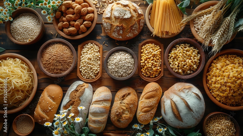 Variety of bread and pasta on table, made from natural ingredients Variety of bread and pasta on table, made from natural ingredients