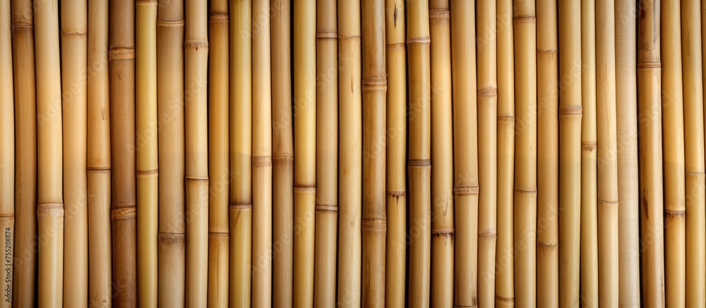 Fototapeta premium This close up view shows the intricate pattern and texture of a bamboo wall. The individual pieces of bamboo are tightly woven together, creating a visually interesting and natural design.