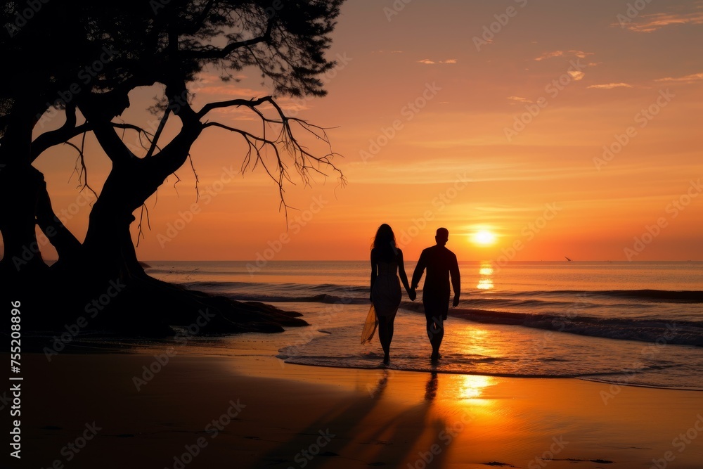 Serene Silhouette of couple at the sunset beach. Romantic couple walking on the seashore sand. Generate ai