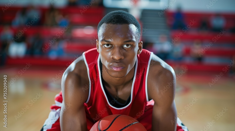 A determined male college basketball player displaying focus and seriousness in the gymnasium
