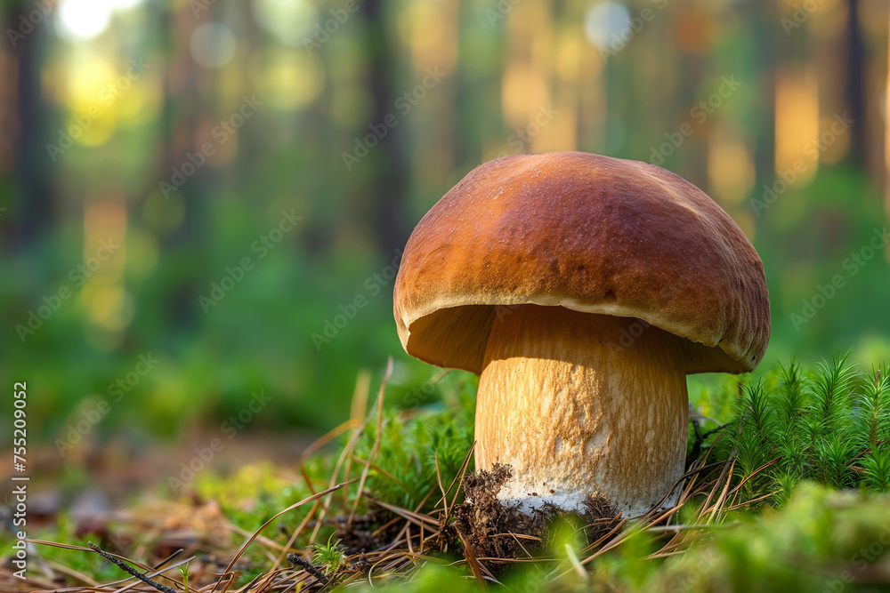 Wild bolete or porcini mushroom growing outdoors in the forest Wild bolete or porcini mushroom growing outdoors in the forest