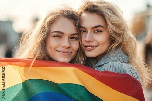 Joyful lesbian couple of two girls holding an LGBT flag in their hands, happiness and love concept