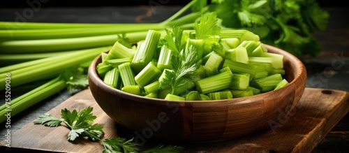 A bowl of chopped celery, a plant from the legume family, sits on a wooden cutting board. It is a staple food ingredient in many cuisines photo