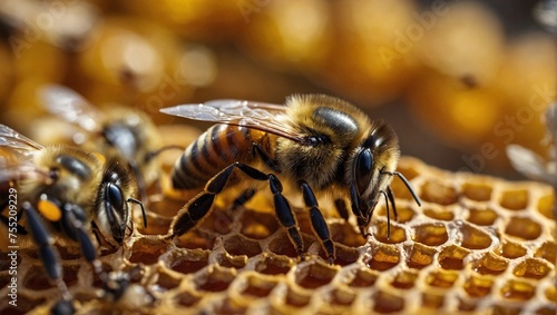 Bees working on honeycomb, close-up blurred background © varol