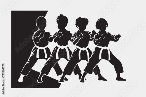 kung fu fight kids silhouette vector illustration