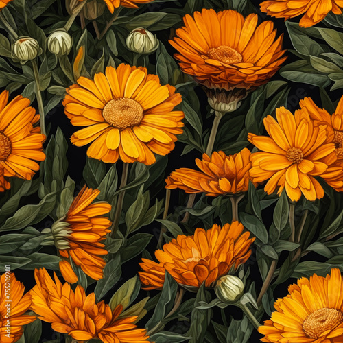 Seamless beautiful calendula flowers pattern, delicate wallpaper design. Generative ai