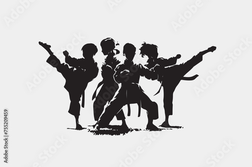 kung fu fight kids silhouette vector illustration