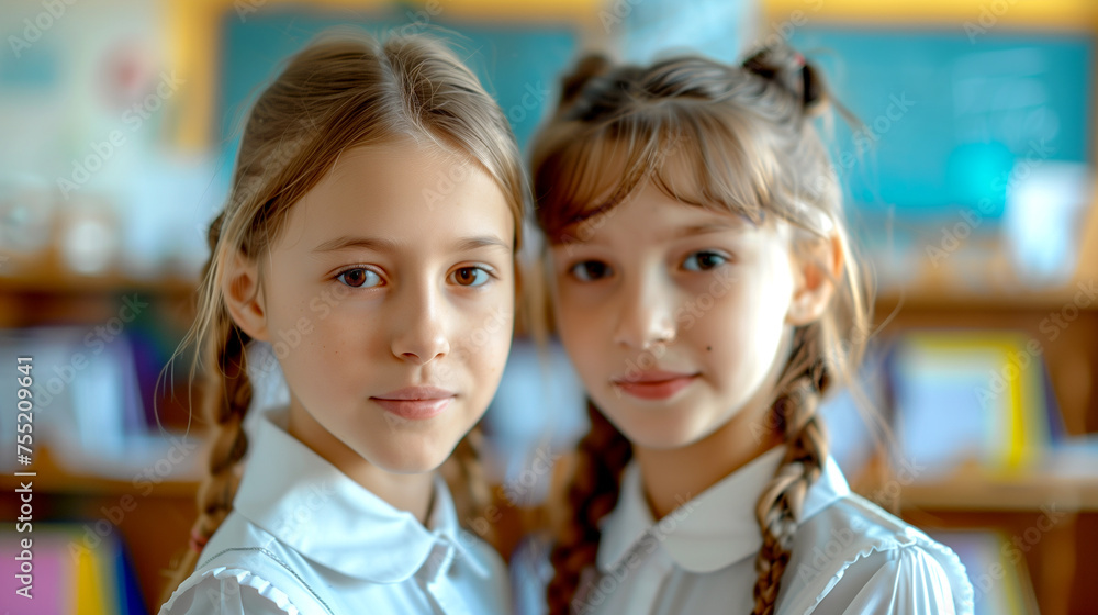 Portrait of Two Happy Schoolgirls Looking at Camera on Blurred School Background Portrait of Two Happy Schoolgirls Looking at Camera on Blurred School Background