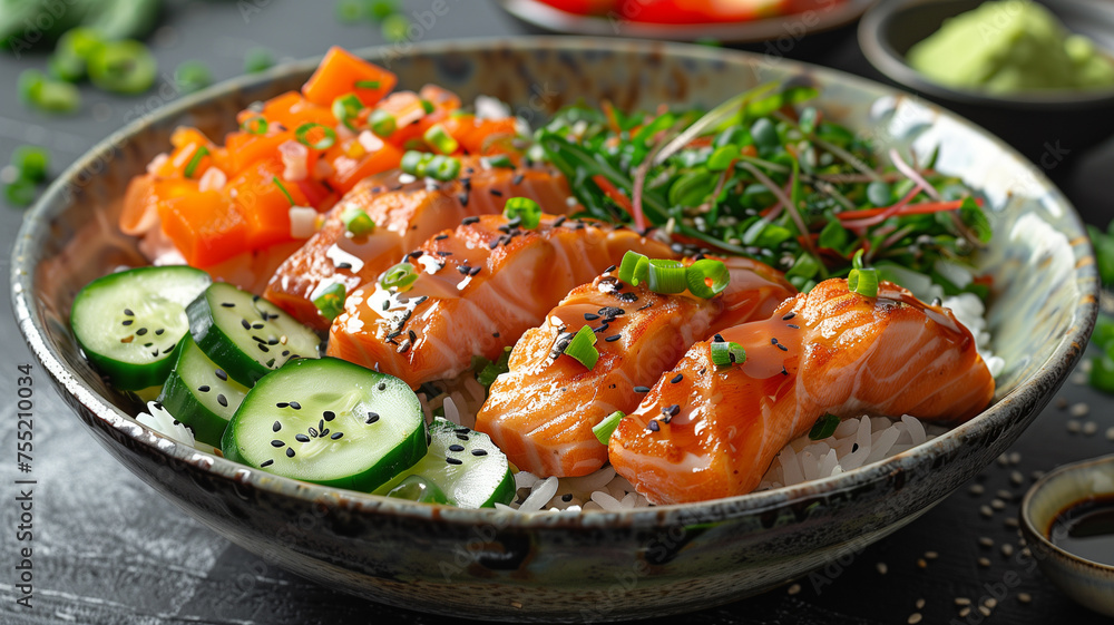 Salmon Donburi Bowl with Vegetables and Rice Salmon Donburi Bowl with Vegetables and Rice