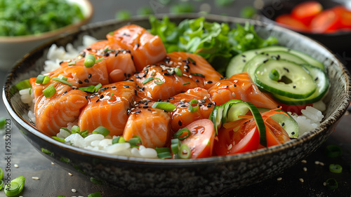 Salmon Donburi Bowl with Vegetables and Rice