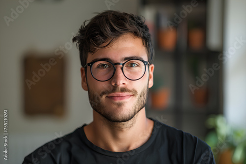 A portrait featuring a youthful IT professional of European descent, characterized by glasses and a casual t-shirt attire.