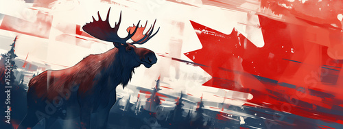 artistic rendition of a moose with a Canadian flag in the background