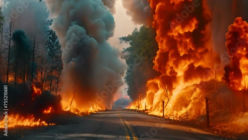 Natural disaster with big fire on the road photo