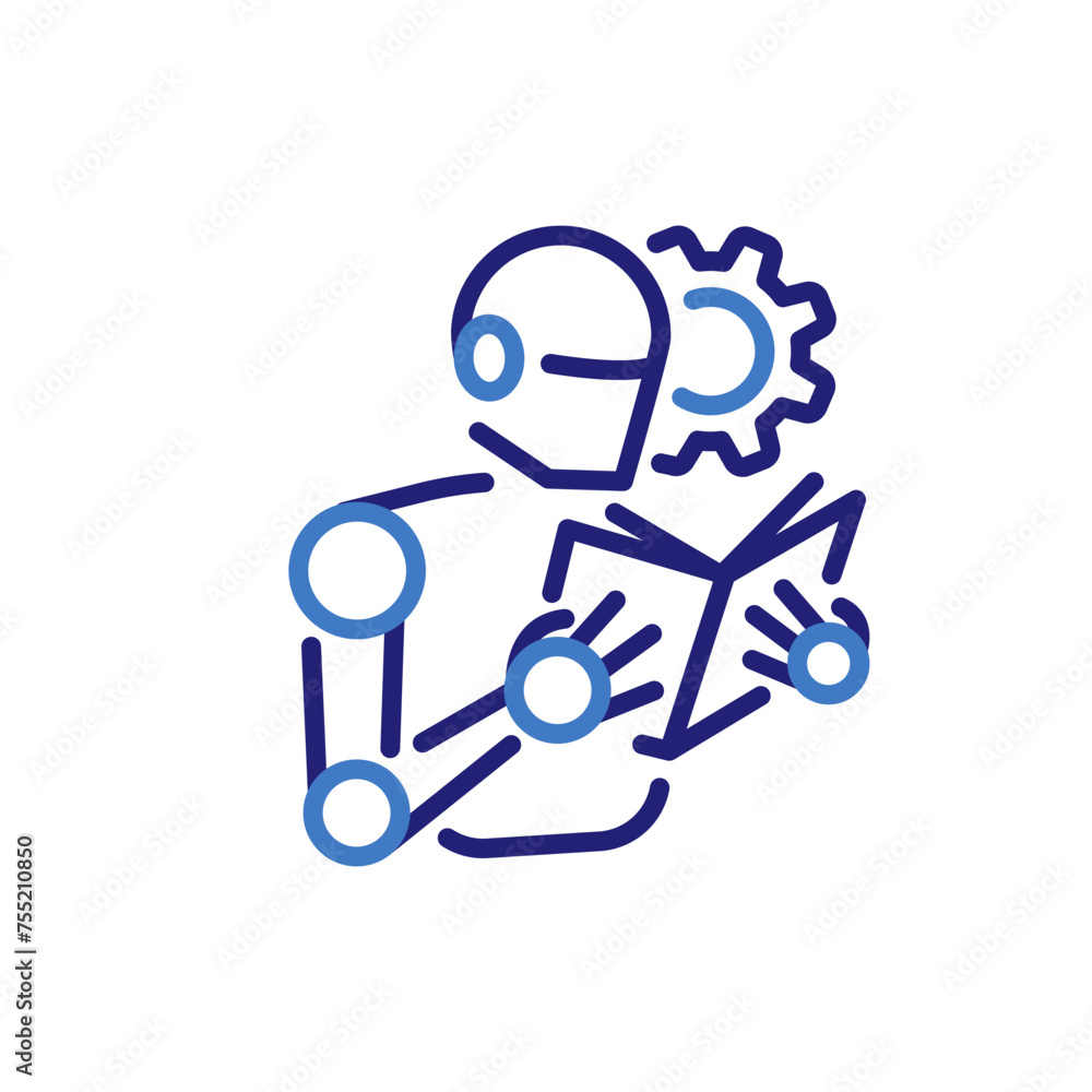 Deep learning Artificial Intelligence concept icon with robot reading a book, vector thin line illustration for AI education, machine intelligence, and knowledge acquisition Deep learning Artificial Intelligence concept icon with robot reading a book, vector thin line illustration for AI education, machine intelligence, and knowledge acquisition