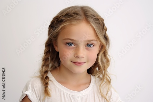 Portrait of a cute little girl with blond hair on a white background