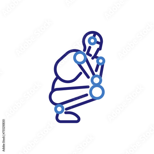 Ai machine learning and deep learning robot thinker pose icon, vector thin line illustration for artificial intelligence, robotics, futuristic and technology concept