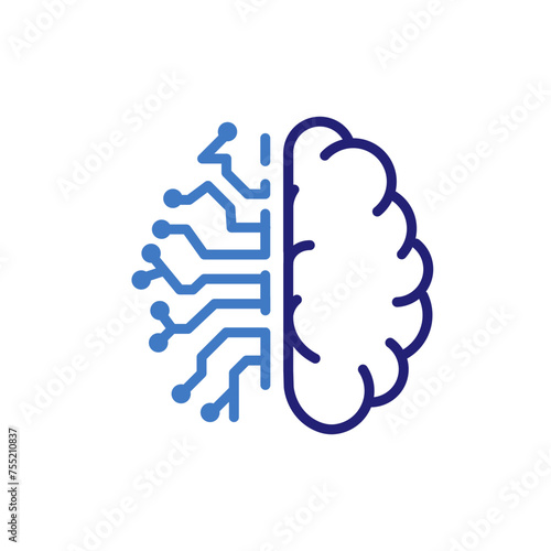 cognitive augmentation brain icon with human and circuit hemispheres, vector thin line illustration for hybrid intelligence, ai artificial intelligence integration, and mental enhancement