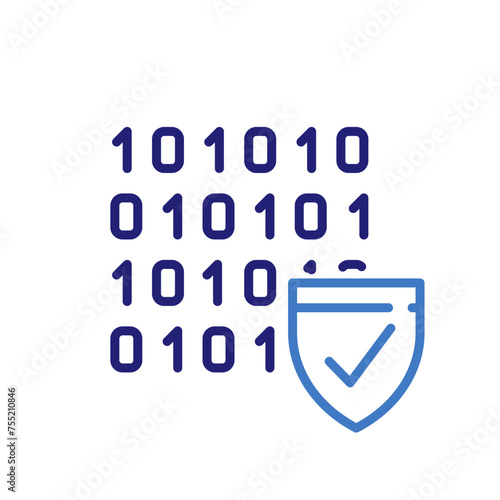 data privacy and security icon with binary code and shield, vector thin line illustration for cyber protection, encryption, and online safety