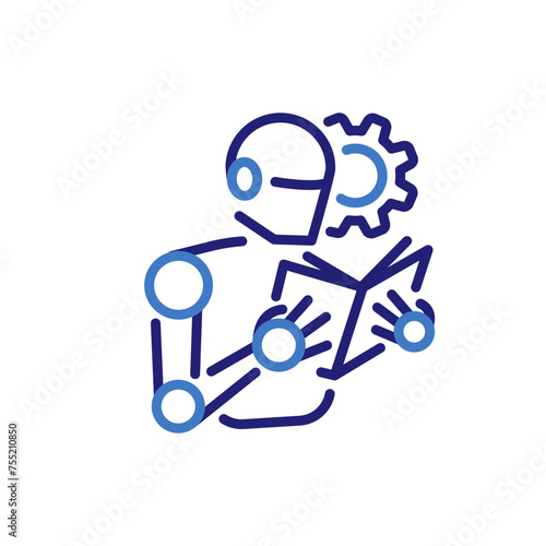 Deep learning Artificial Intelligence concept icon with robot reading a book, vector thin line illustration for AI education, machine intelligence, and knowledge acquisition