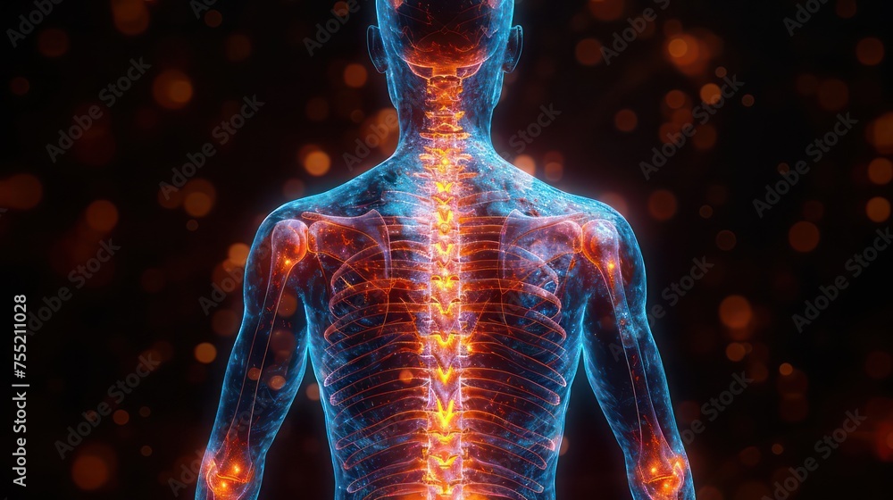 Illustration of back pain, highlighted in red on the spine area