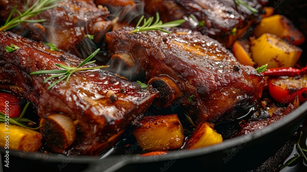 Barbecue fried ribs with vegetables. Background concept Barbecue fried ribs with vegetables. Background concept