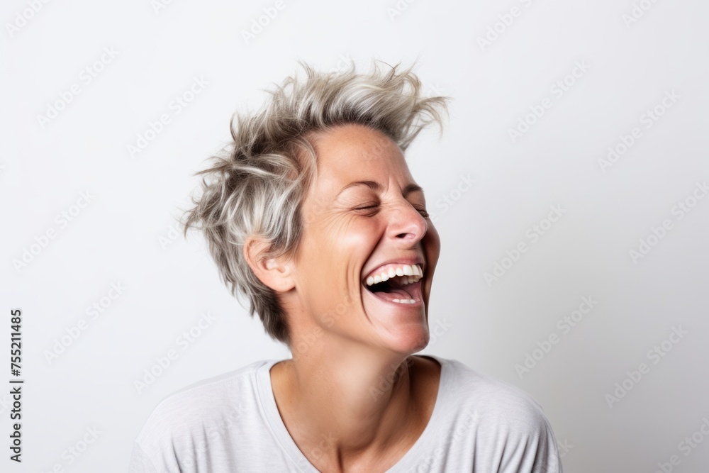 Portrait of a laughing woman with short hair on a white background Portrait of a laughing woman with short hair on a white background