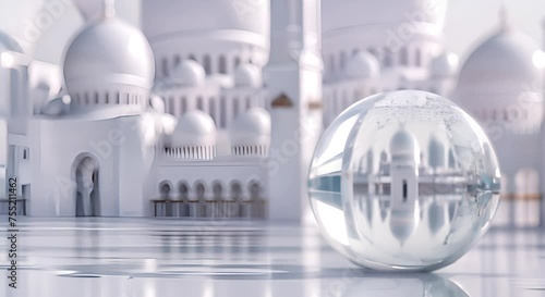 Miniature Mosque in Glass Ball with White Mosque Background, Ramadan Concept
 photo